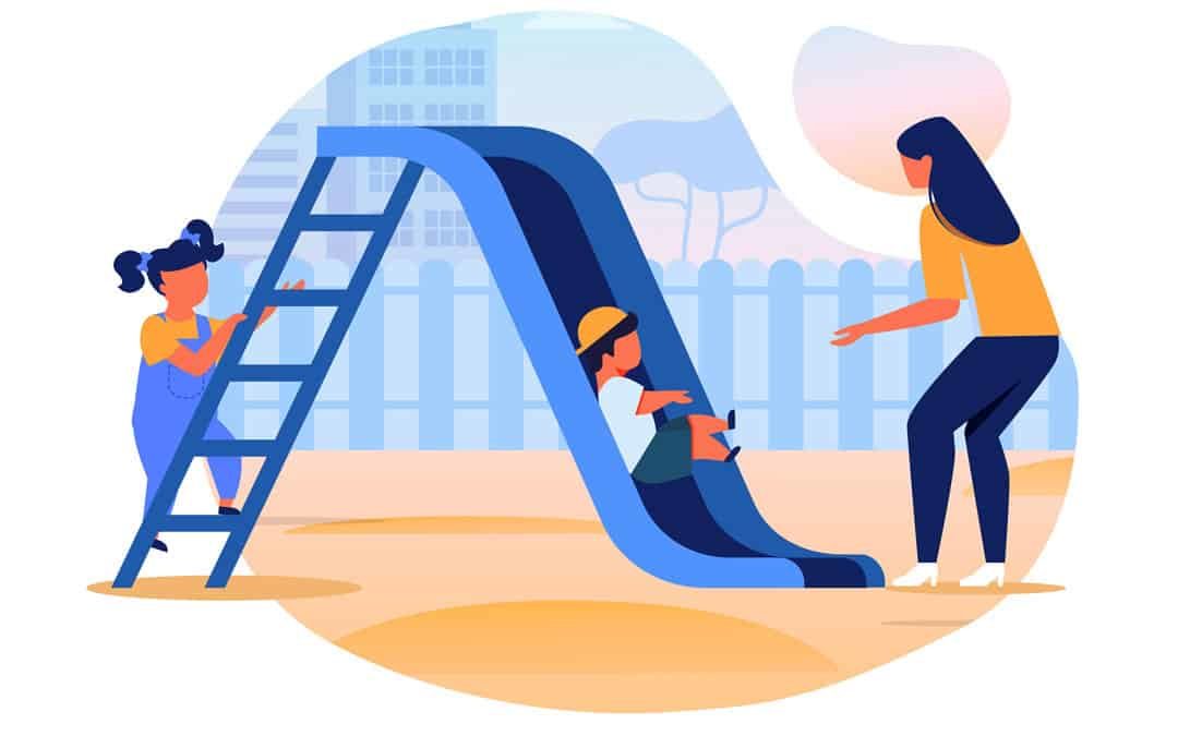 cartoon illustration of woman playing with two kids on a slide at a daycare playground