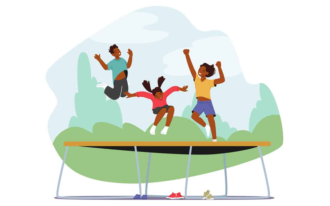 a graphic of children jumping on a trampoline in their backyard