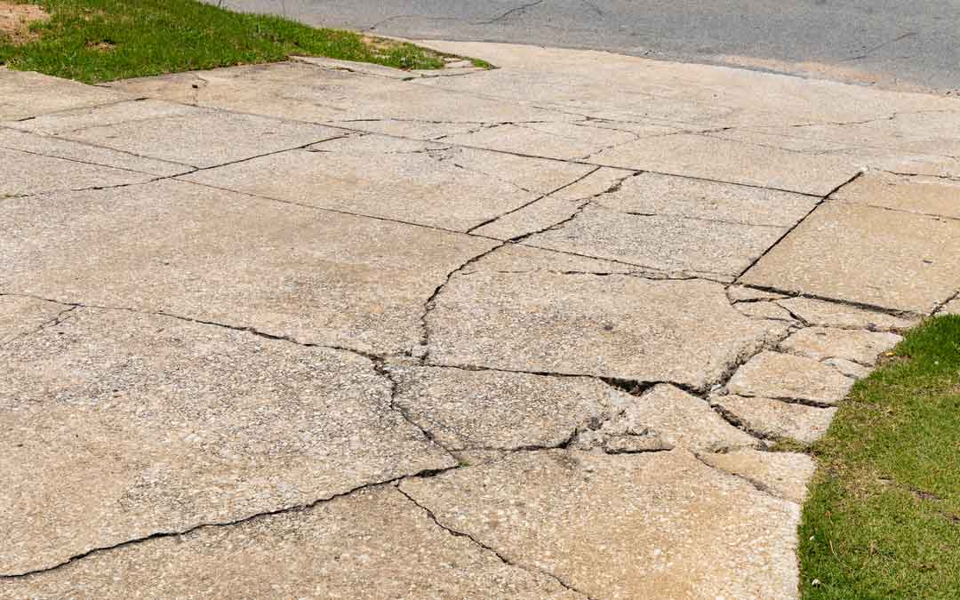 a picture of a driveway with many cracks and uneven panels